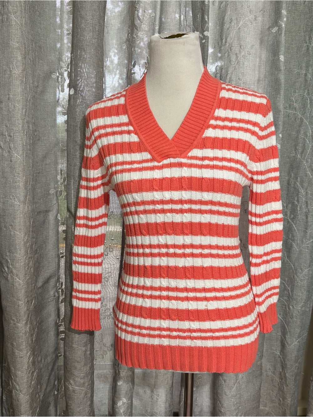Striped V-Neck Sweater in Coral and White